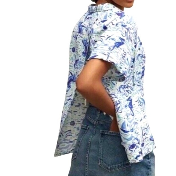 Maeve Anthropologie Button Down Blue White Surf Shirt Size XS Linen Coastal NWT - Picture 2 of 13